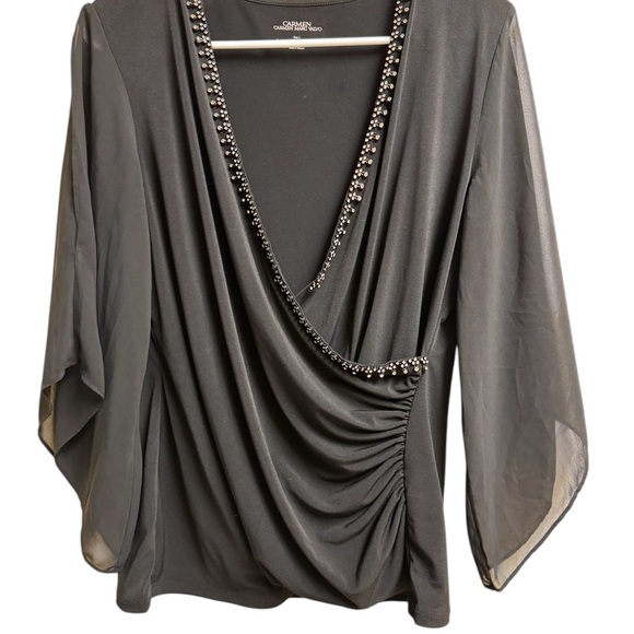 Carmen Marc Valvo Beaded Black Blouse – Draped V-Neck Ruched Top size L - Picture 3 of 5